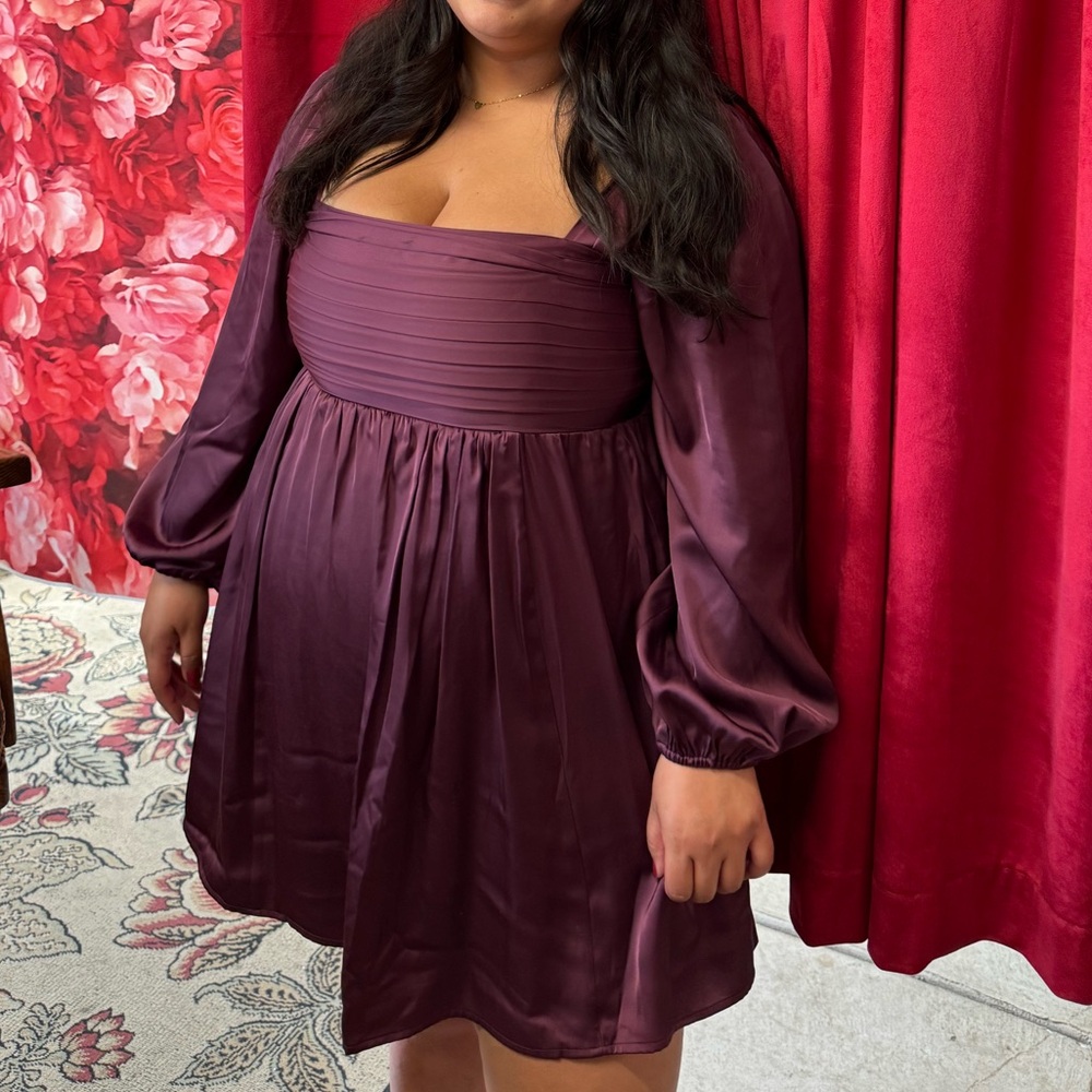 Emerson Satin Long-Sleeve Mini Dress Dark Purple XL Petite